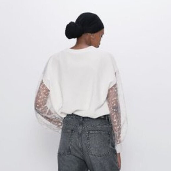 EUC Zara white sweatshirt top w/ sheer floral print sleeves, XS - Picture 4 of 16